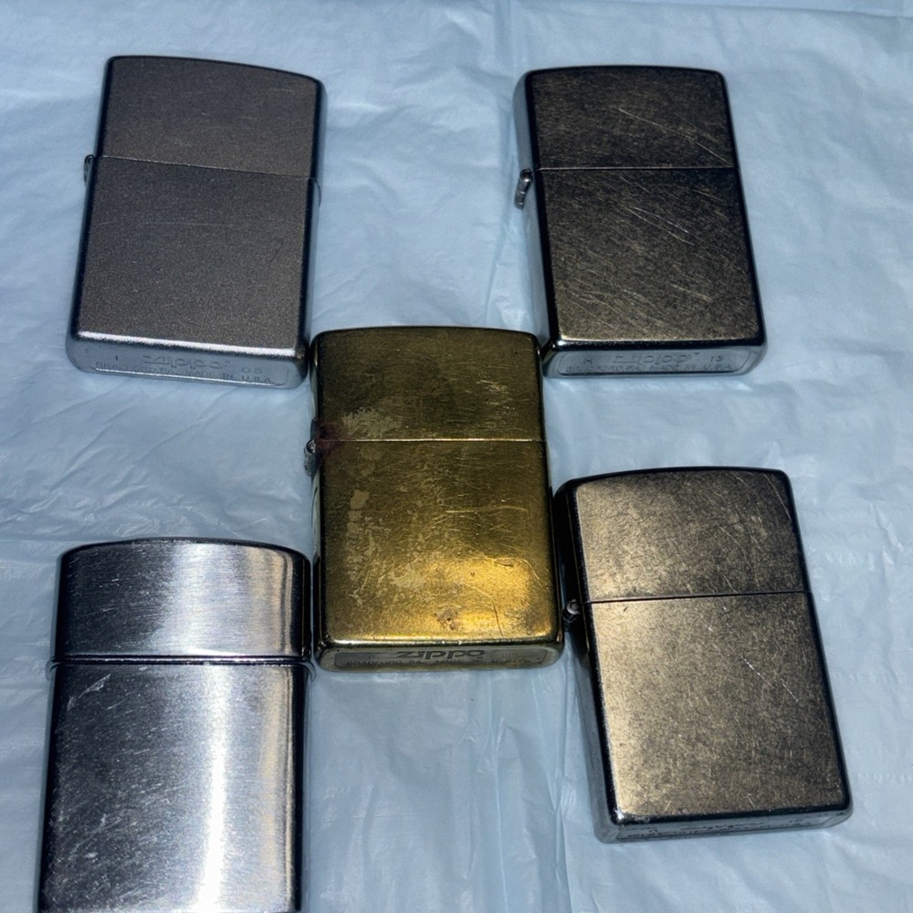 Four Zippo Lighters And One Rogers Butane Trench Mixed Chrome Brass USA Lot
